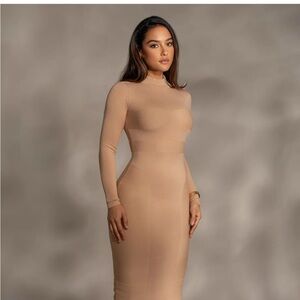 JLUXLABEL Tan Ribbed Long Sleeve Bodycon Dress